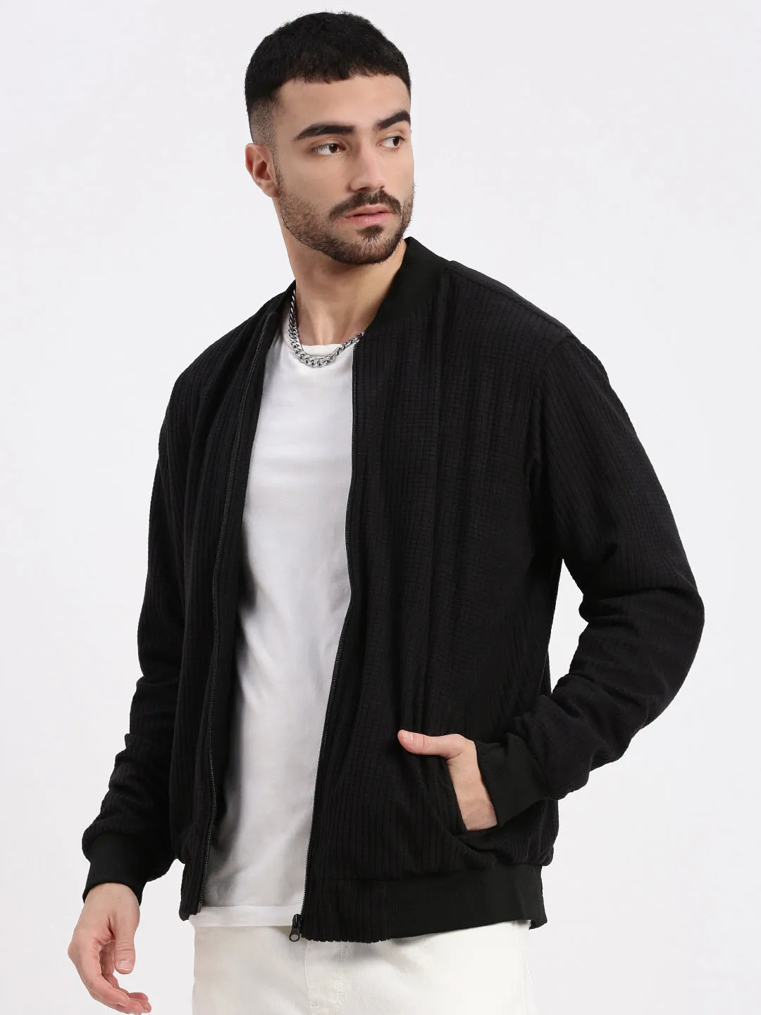 Weather Smart Look Men's Black Solid Bomber Jacket