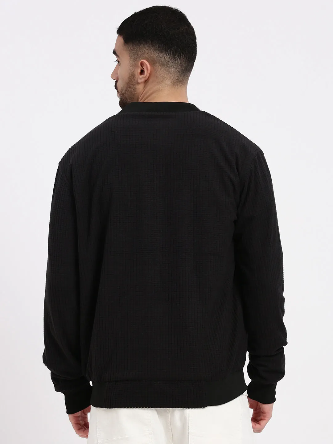 Men's Black Solid Bomber Jacket Foldable Shoulder Straps