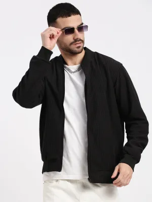 Hooded Comfort Fit MultiPocket Layout Men's Black Solid Bomber Jacket