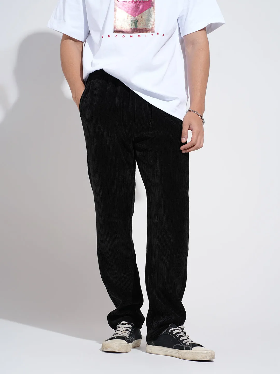 Minimal Waist Men's Corduroy Black Relaxed Fit Trousers
