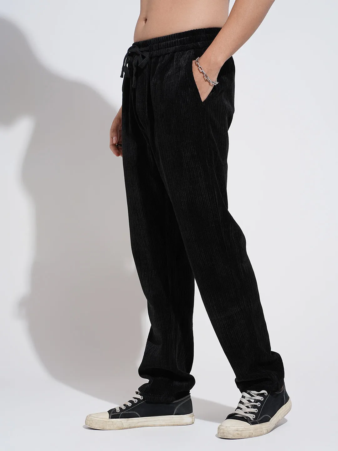 Men's Corduroy Black Relaxed Fit Trousers ResilientElasticBand Relaxed Design