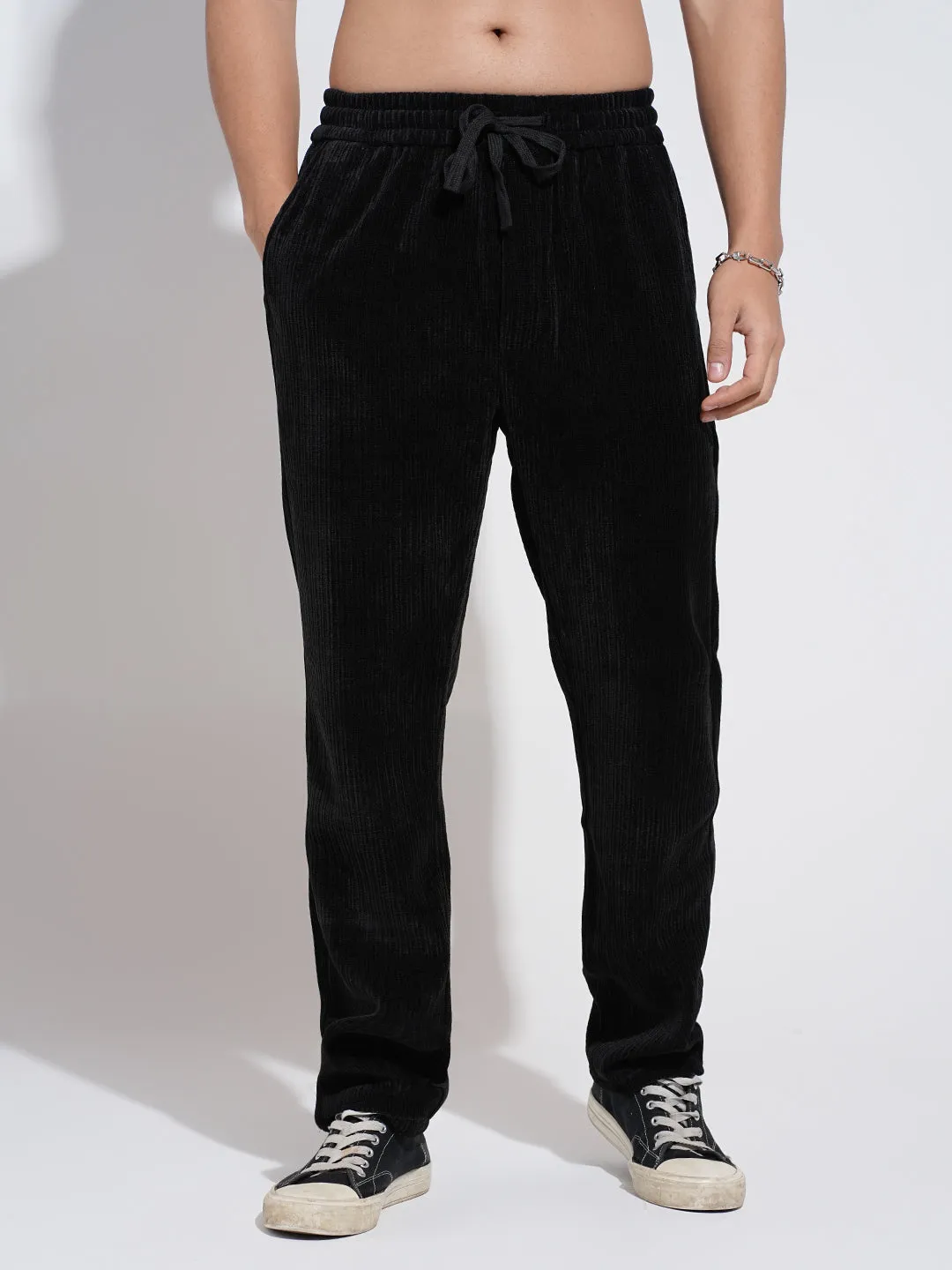Men's Corduroy Black Relaxed Fit Trousers Low Profile Waistband