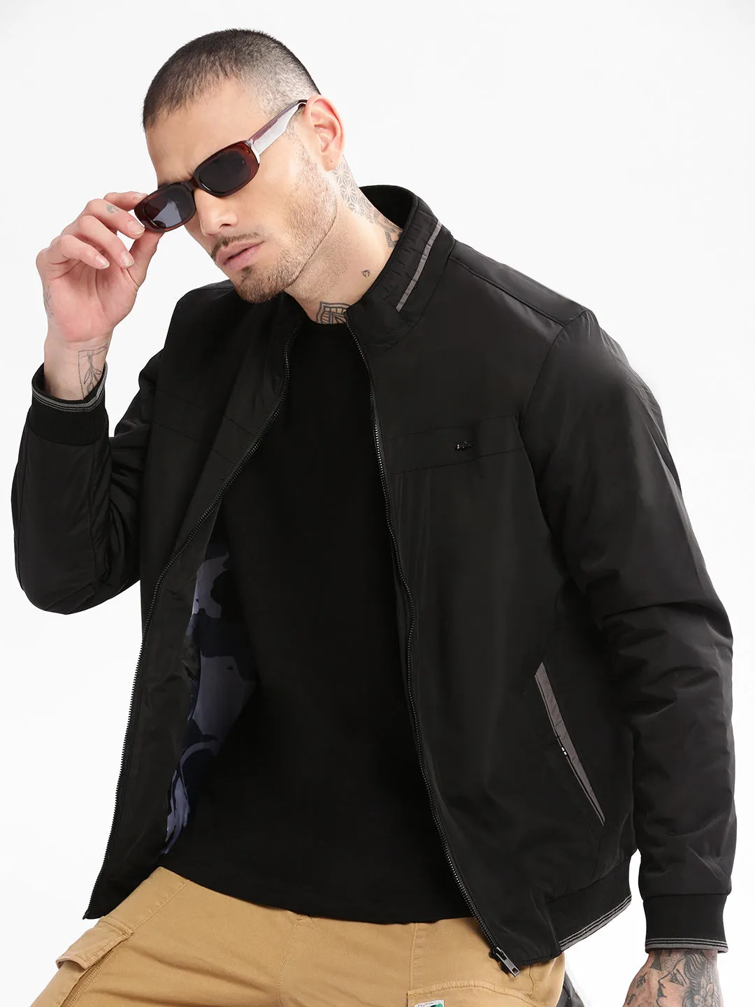 Travel Ready Look Eco Conscious Production Men's Black Mock Collar Windcheater Bomber Jacket
