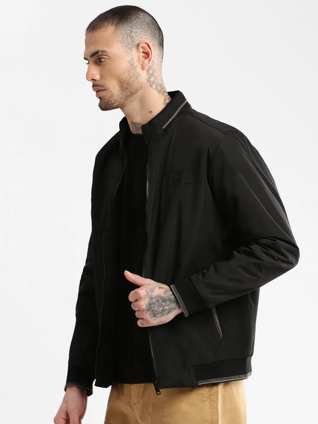 MoistureWickingInterior Men's Black Mock Collar Windcheater Bomber Jacket