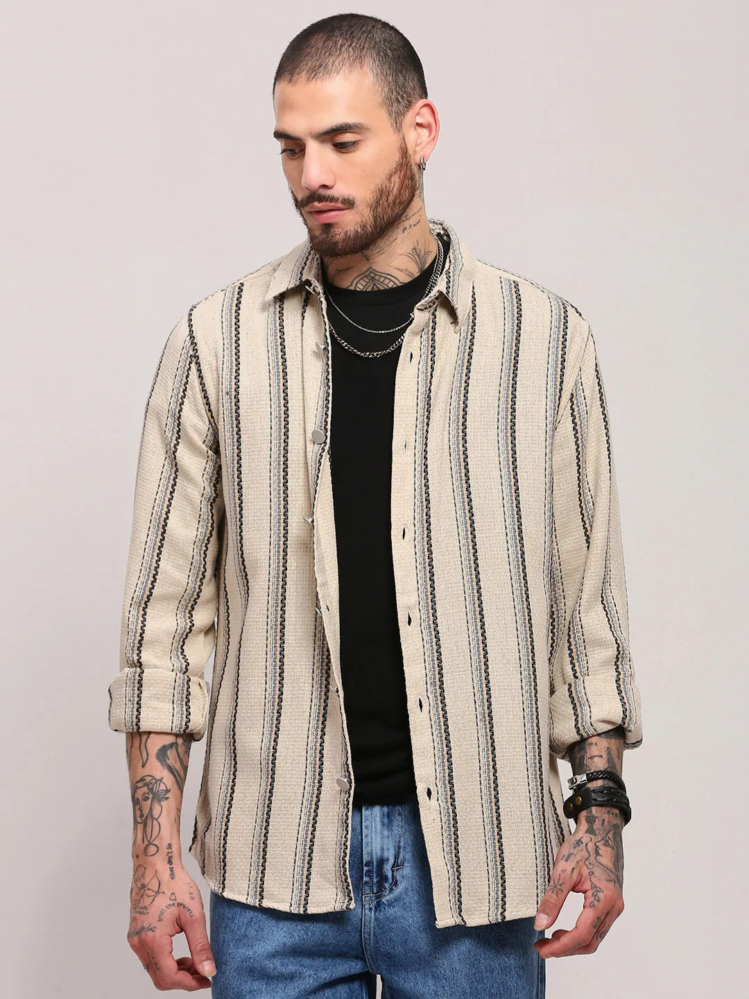 Sustainable Material Blend Fashion Must-Have Men's Cream Stripped Casual Shacket