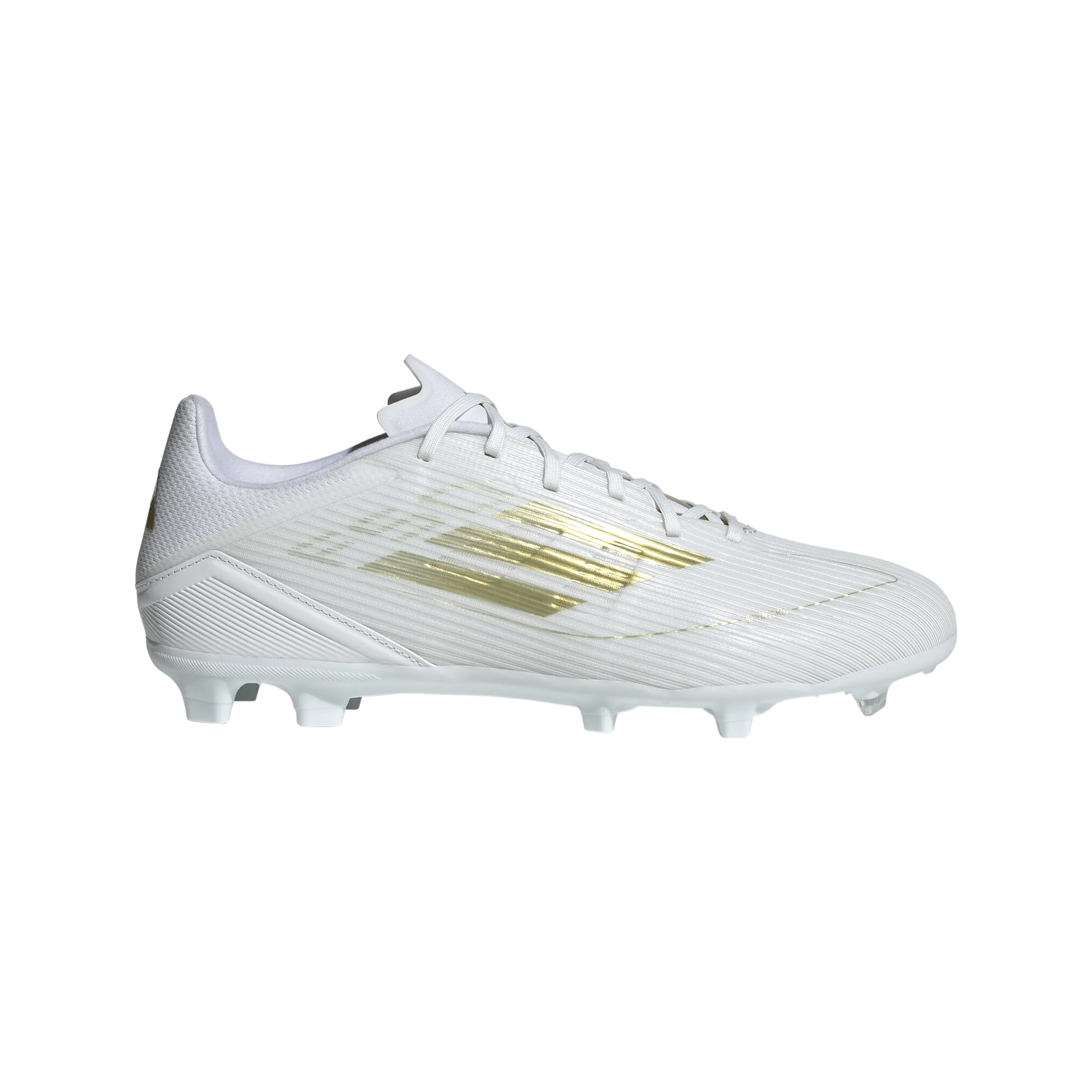 adidas F50 League Firm/Multi-Ground Soccer Cleats | Cloud White-Gold Metallic | Men's Slip Resistant Collar