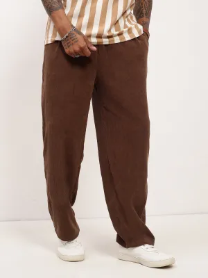 Men's Brown Solid Straight Fit Trousers Stay Dry
