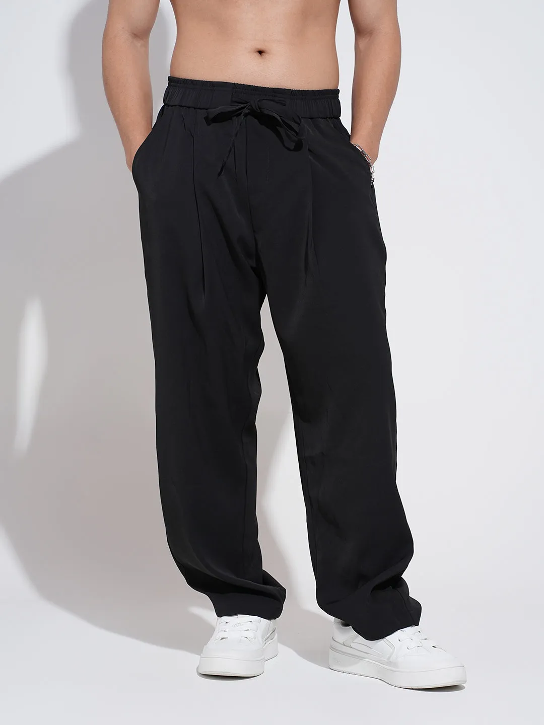 Men's Black Loose Fit Trousers Flexible Look