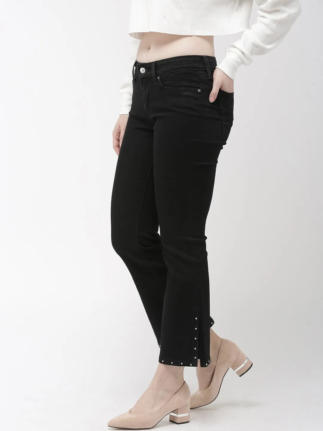 Women's 715 Black Flared Fit Mid Rise Jeans Stretch Road Trip Brunch Outfit Textured Smart Casual Road Trip