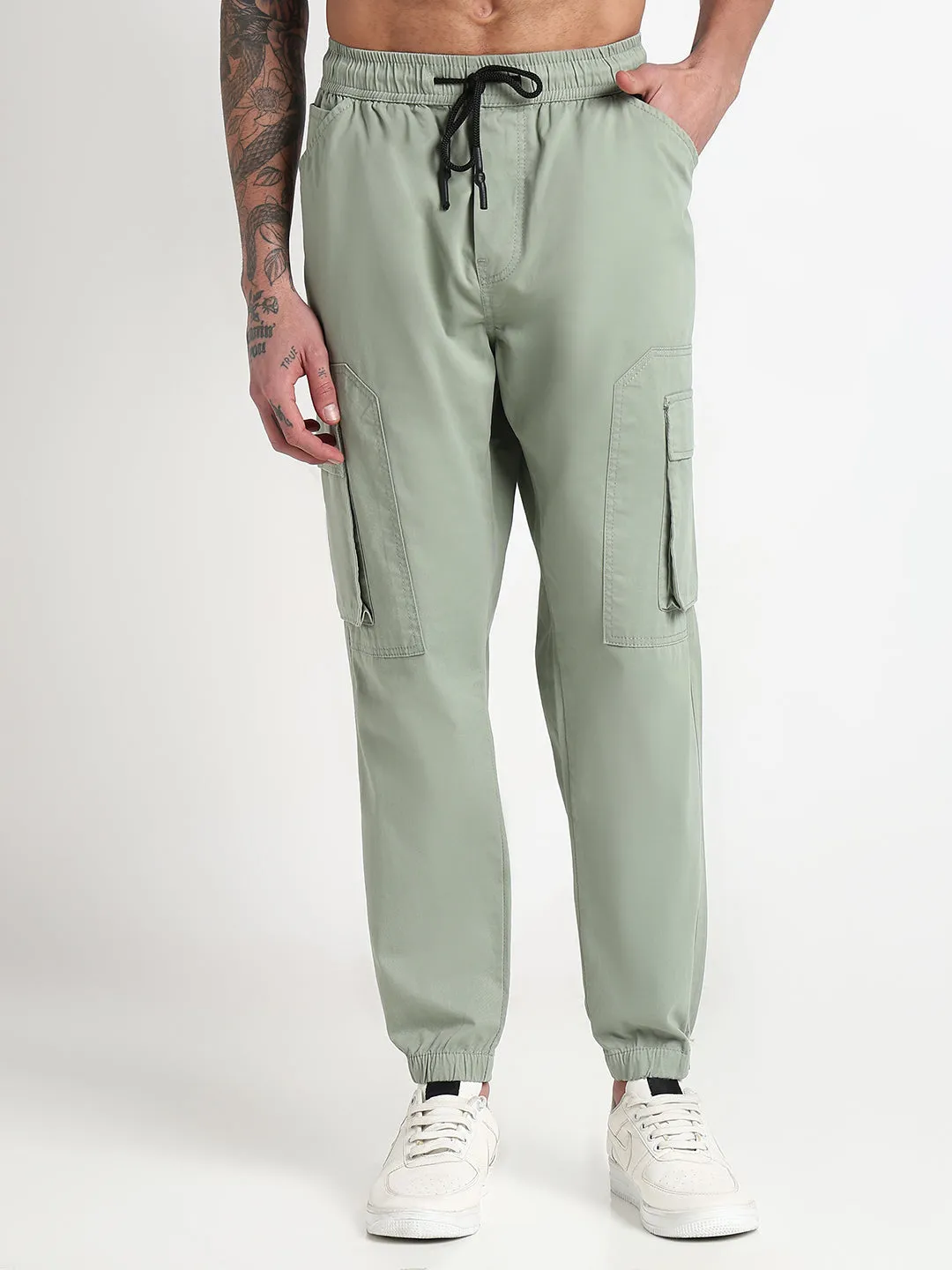 Men's Green Solid Cargo Joggers Quick Comfort Fit