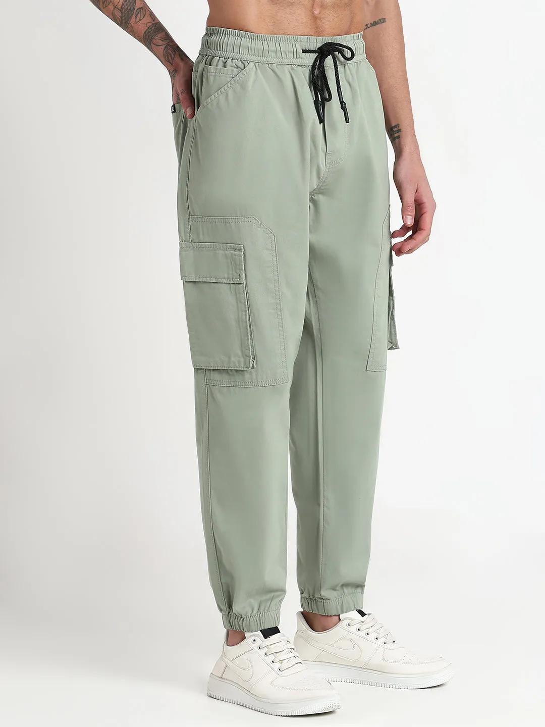 Men's Green Solid Cargo Joggers Laser cut