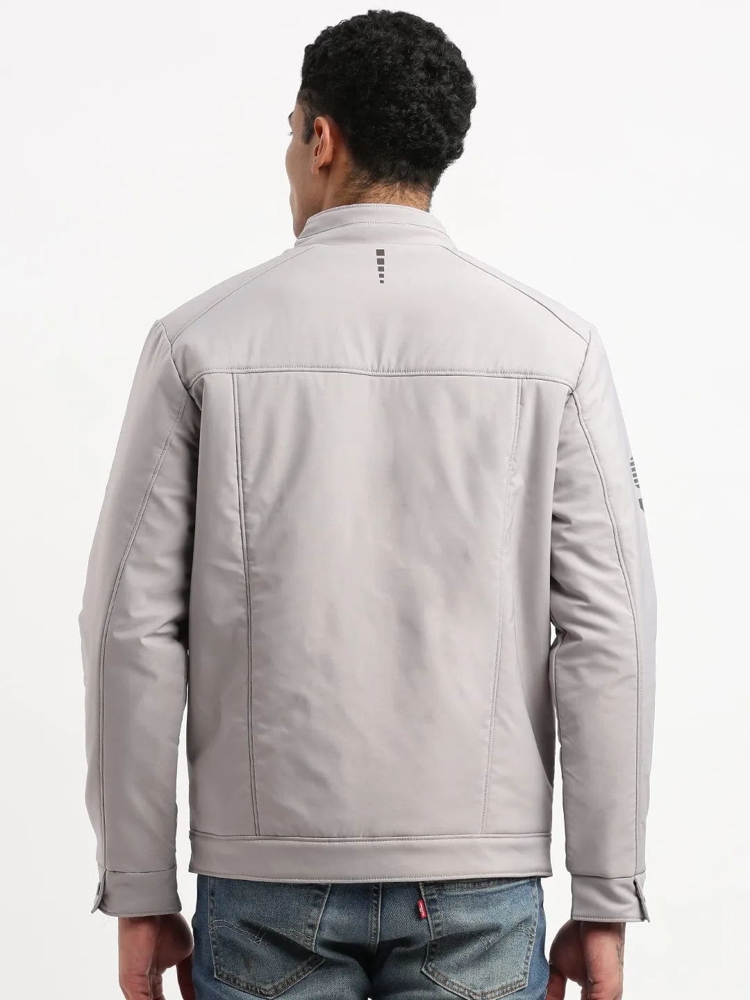 Men's Mock Collar Solid Grey Bomber Jacket WeatherproofZipper Reinforced Stitching