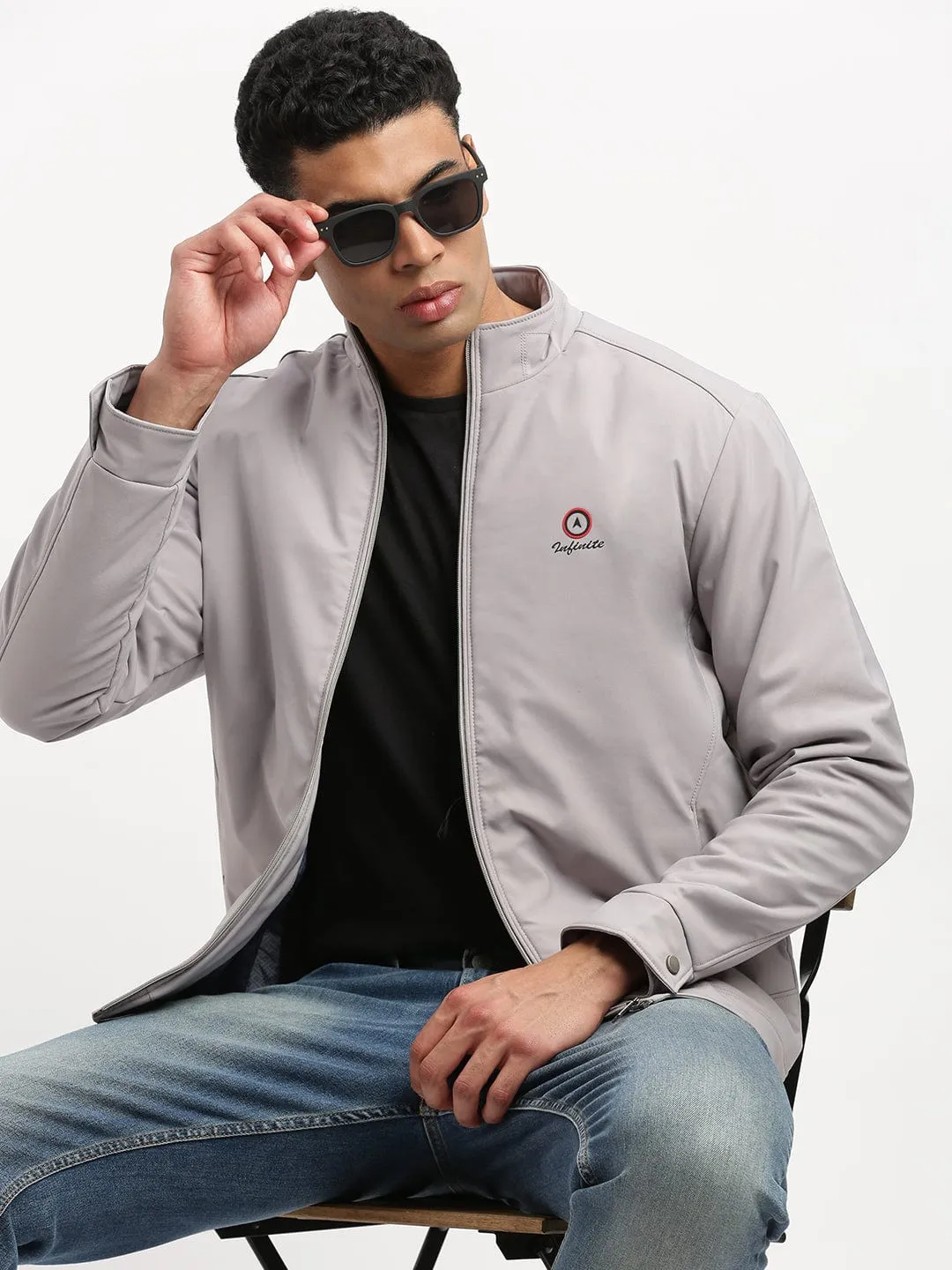 Men's Mock Collar Solid Grey Bomber Jacket Smart Design