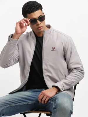 Men's Mock Collar Solid Grey Bomber Jacket Smart Design