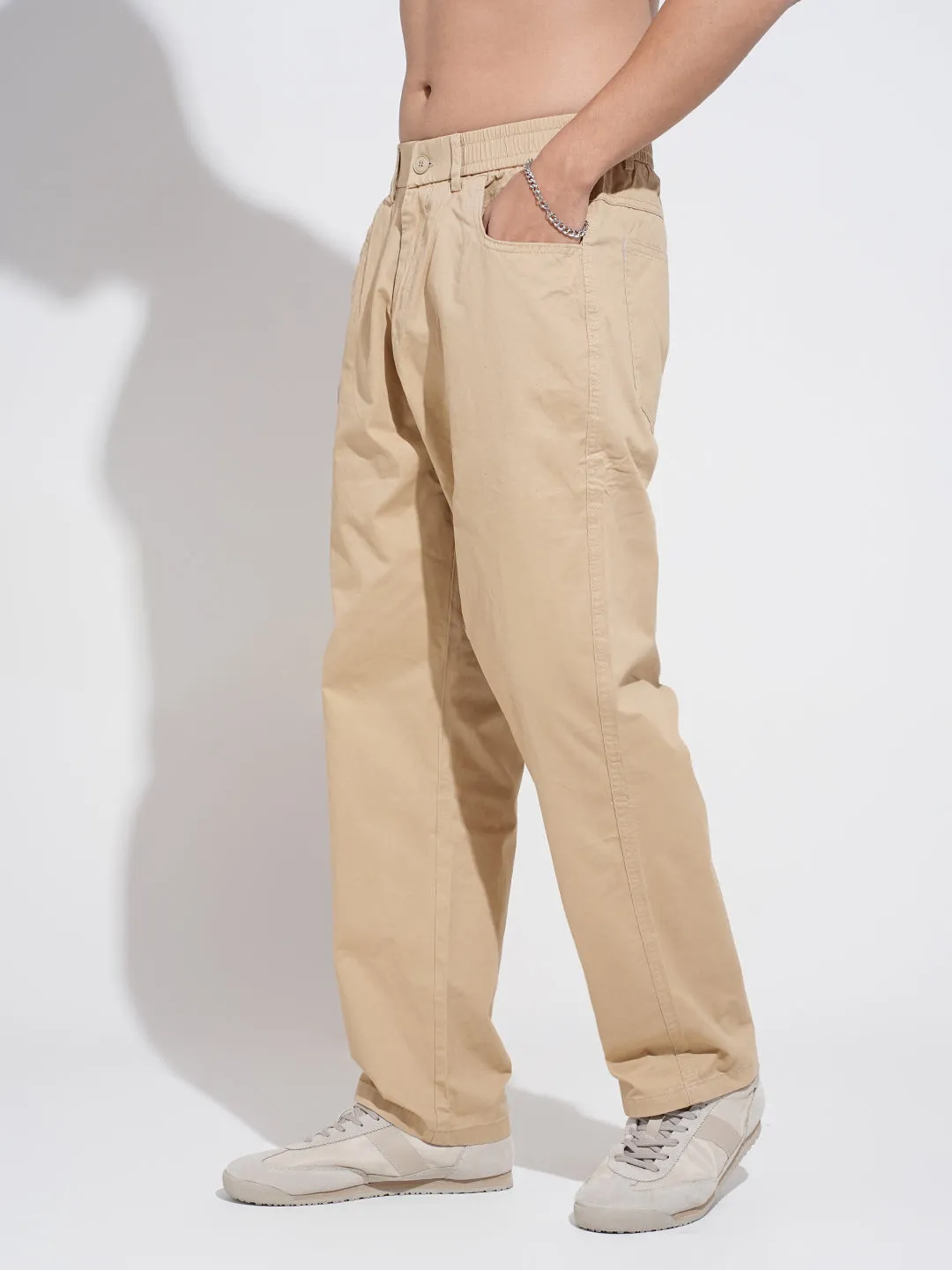 Anti Snag Fabric Men's Beige Straight Fit Trousers