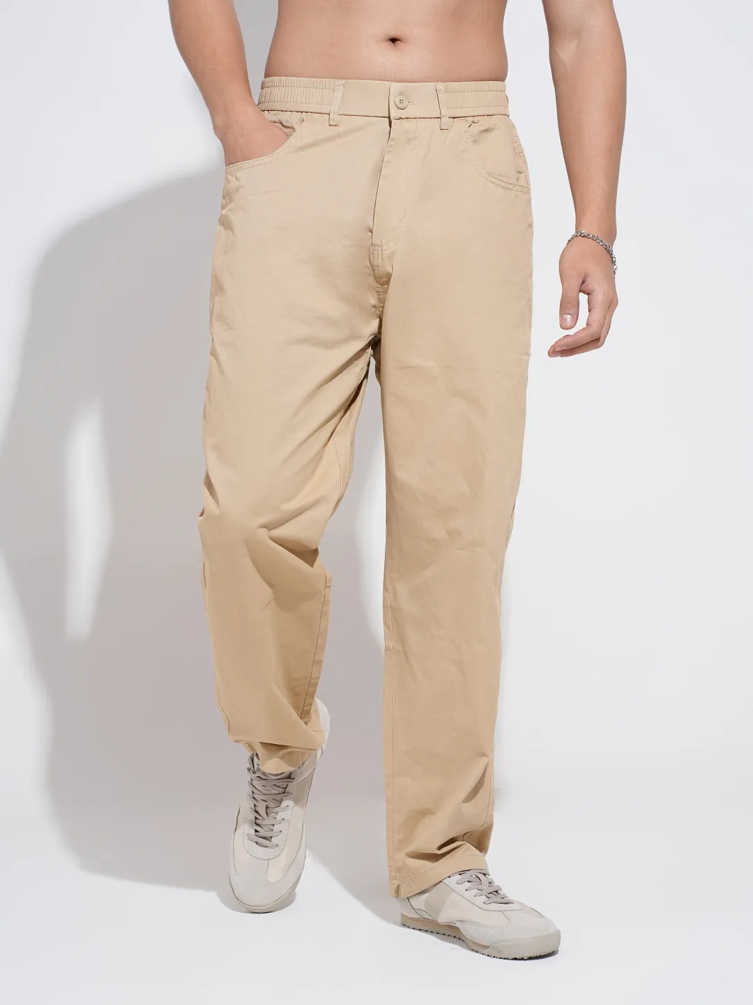 Men's Beige Straight Fit Trousers Breathable Performance Wear Breathable Wearable