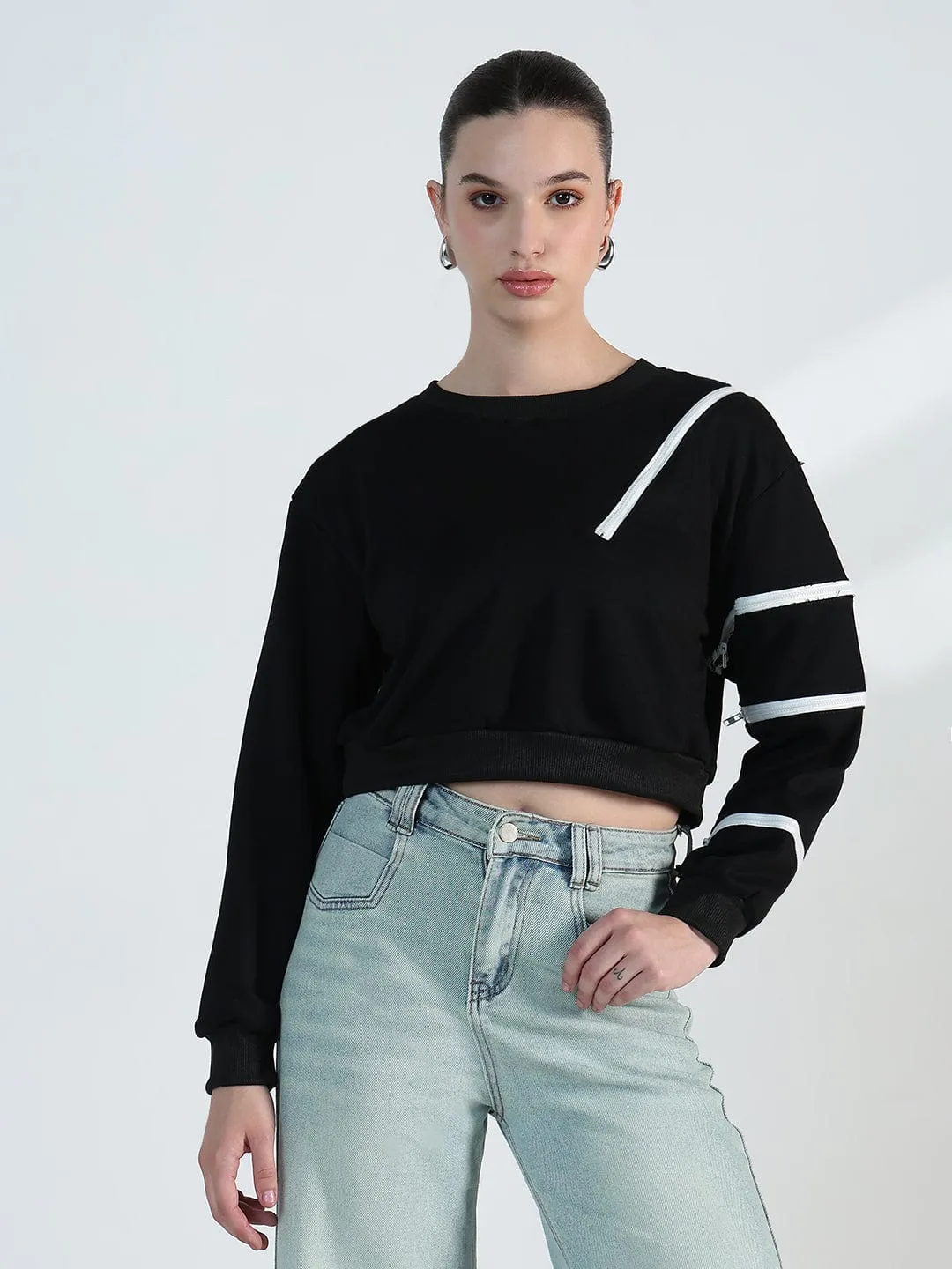 Removable Women's Black Oversized Short Top with White Zipper Detail