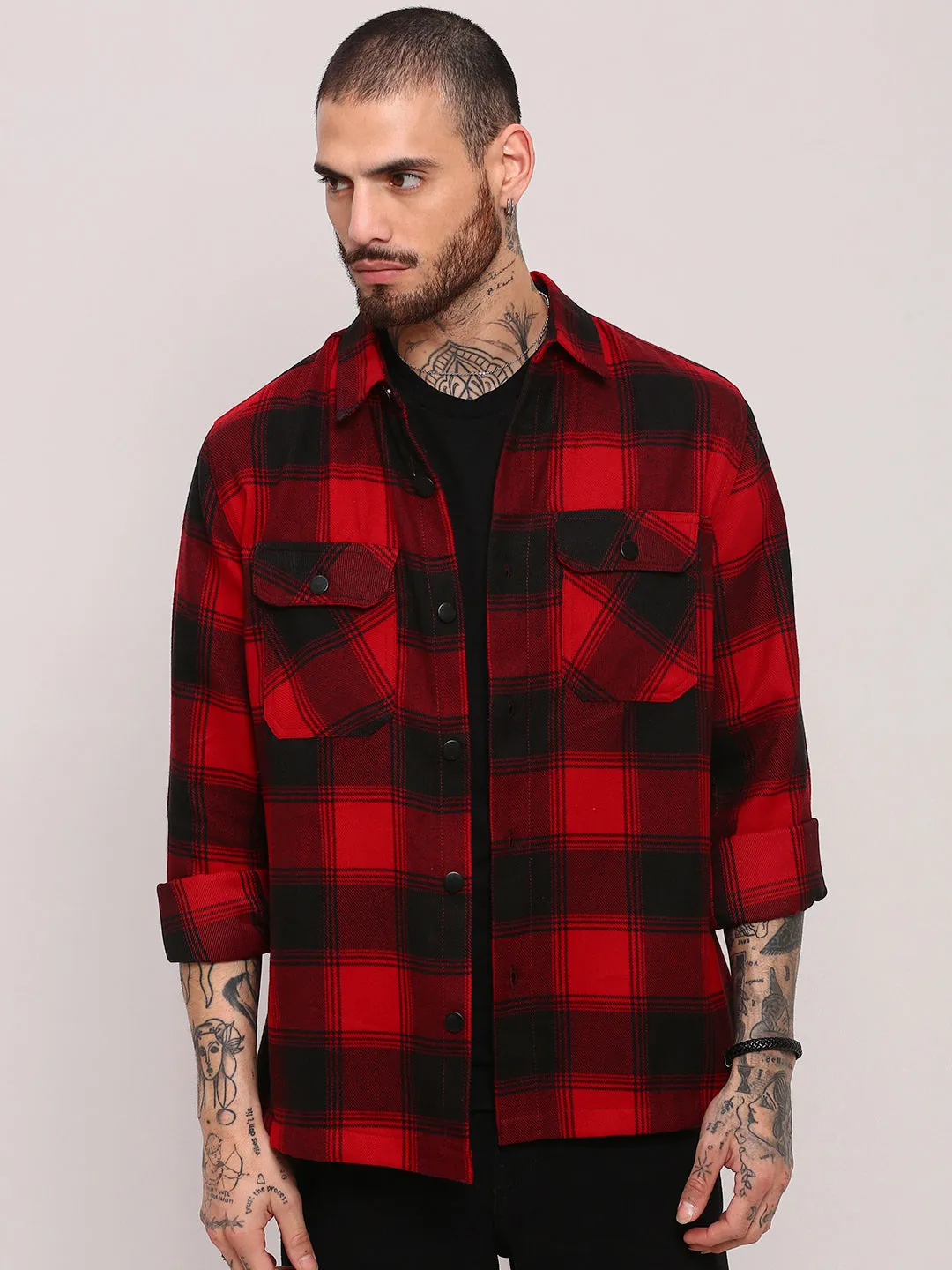 Men's Red Checked Shacket Active Style Trend Classic Trend Look