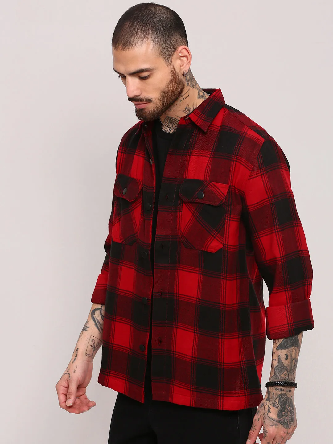 spring fashion Chic and Cozy Men's Red Checked Shacket