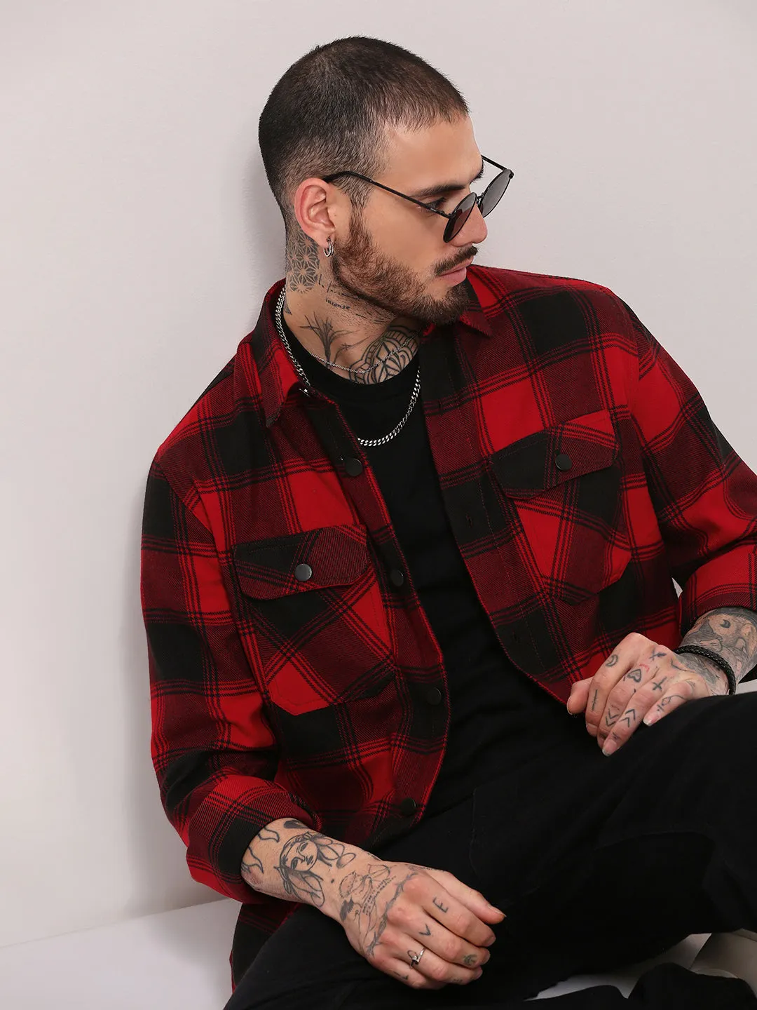 Sophisticated Casual Classic Wearable Men's Red Checked Shacket