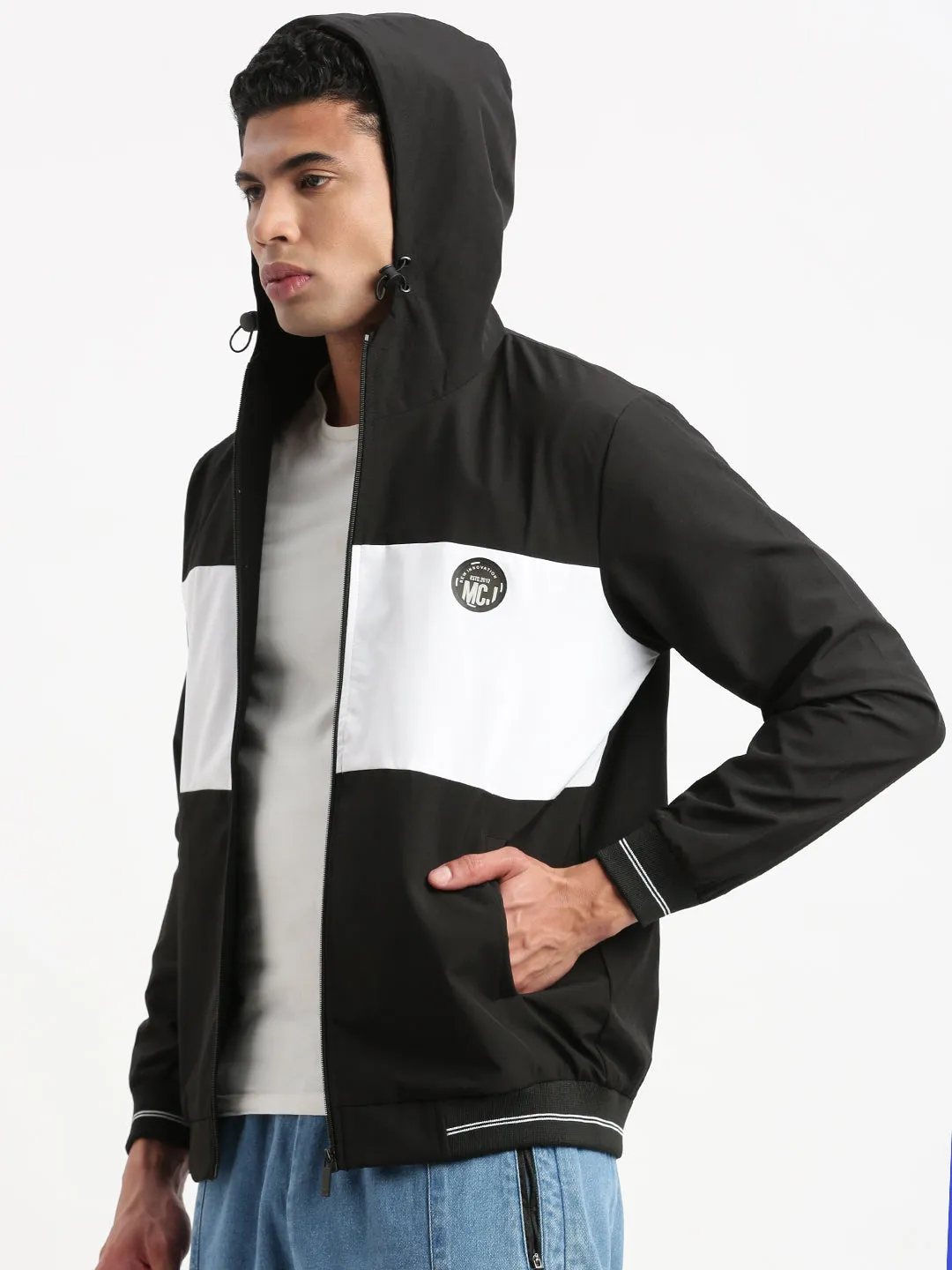 Compression Fold Design Men's Hooded Black Colourblocked Bomber Jacket