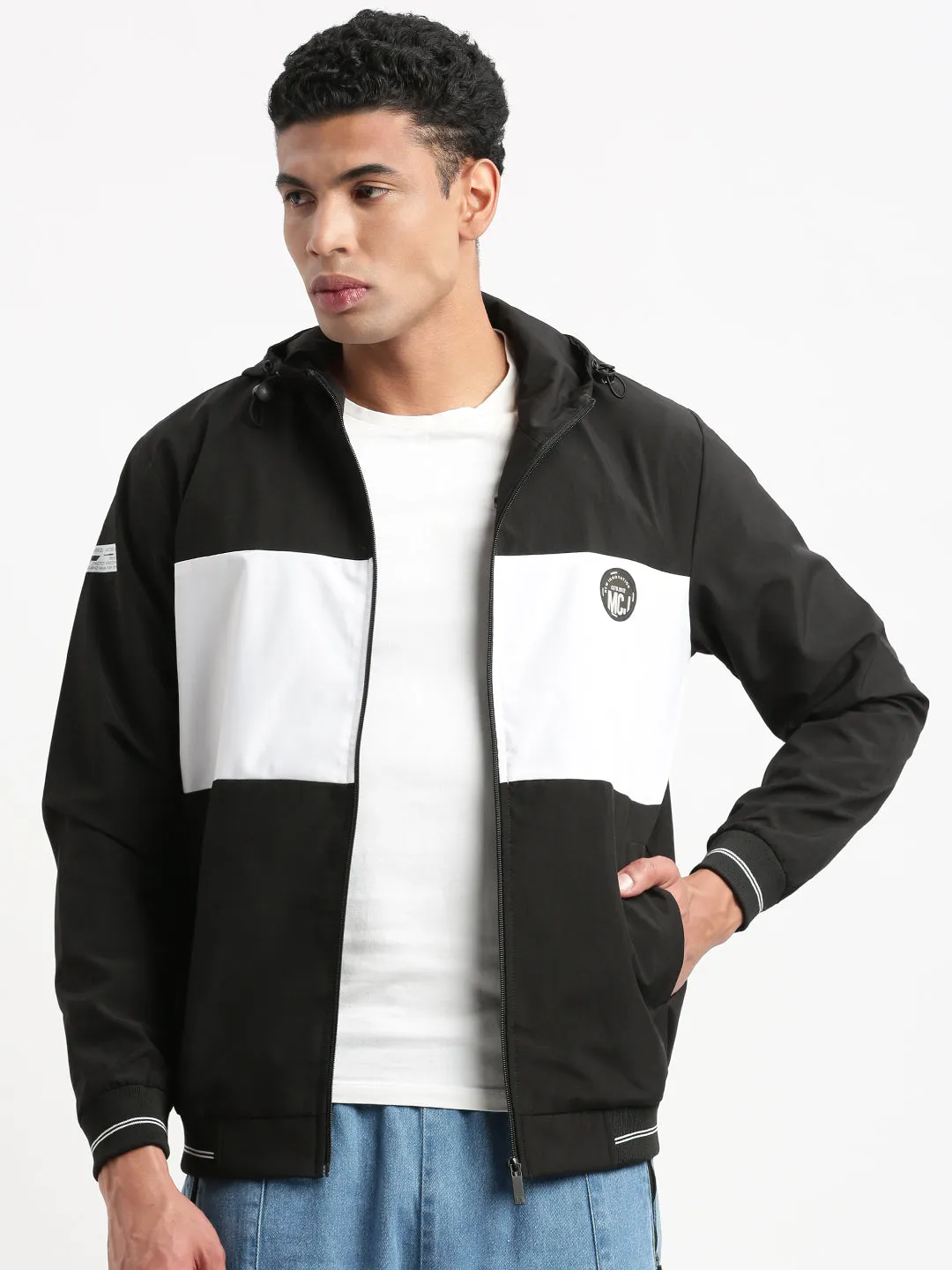 Men's Hooded Black Colourblocked Bomber Jacket Adjustable Belt