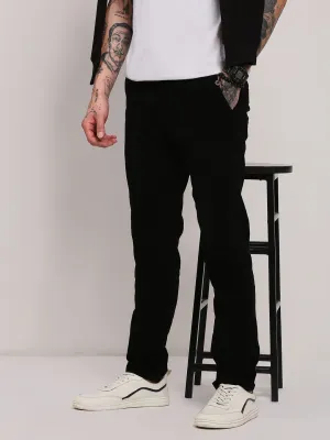 Perfectly Relaxed Non Restrictive Cut Men's Black Solid Slim Fit Low-Rise Cotton Trousers