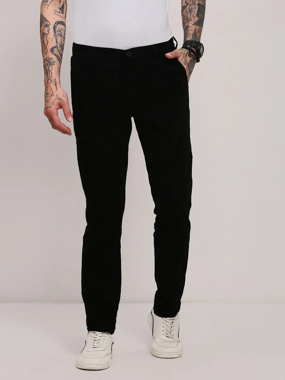 Work Friendly Men's Black Solid Slim Fit Low-Rise Cotton Trousers