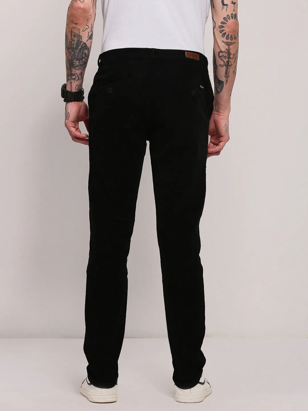 Men's Black Solid Slim Fit Low-Rise Cotton Trousers Versatile Fashion MoistureWickingFabric