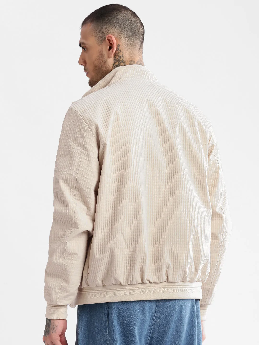 Men's Mock Collar Cream Self Design Bomber Jacket Functional Zip Detail