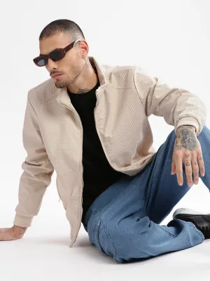 Quick drying material Men's Mock Collar Cream Self Design Bomber Jacket