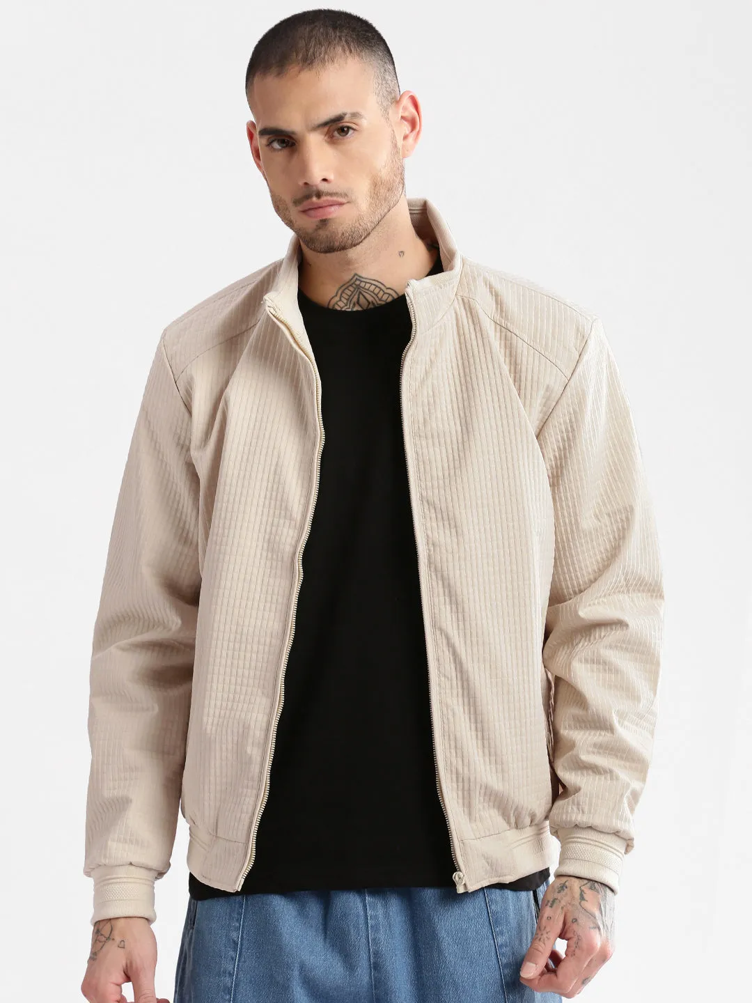Men's Mock Collar Cream Self Design Bomber Jacket Convertible Style Ethical Manufacturing