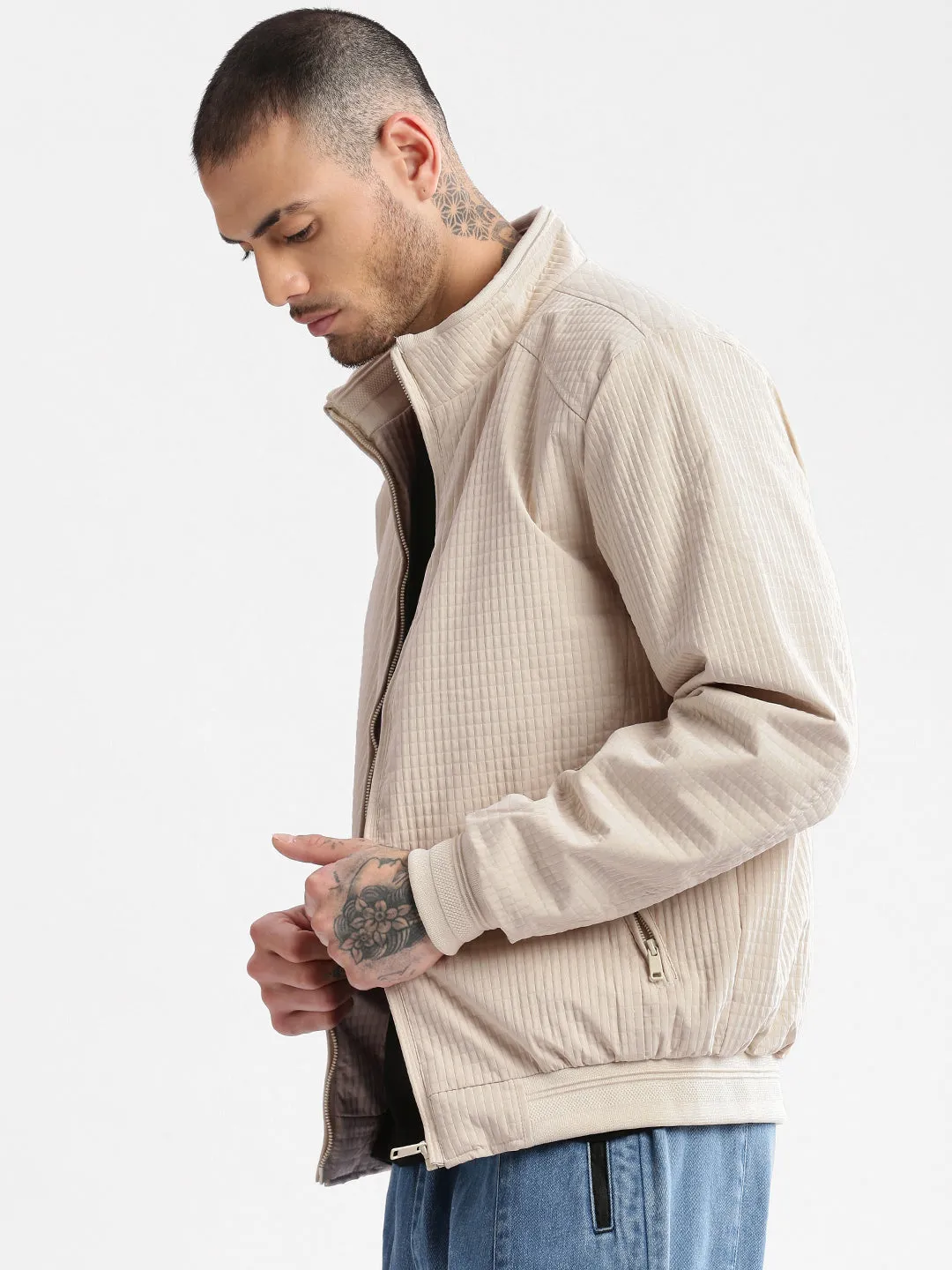 Many Pockets Men's Mock Collar Cream Self Design Bomber Jacket