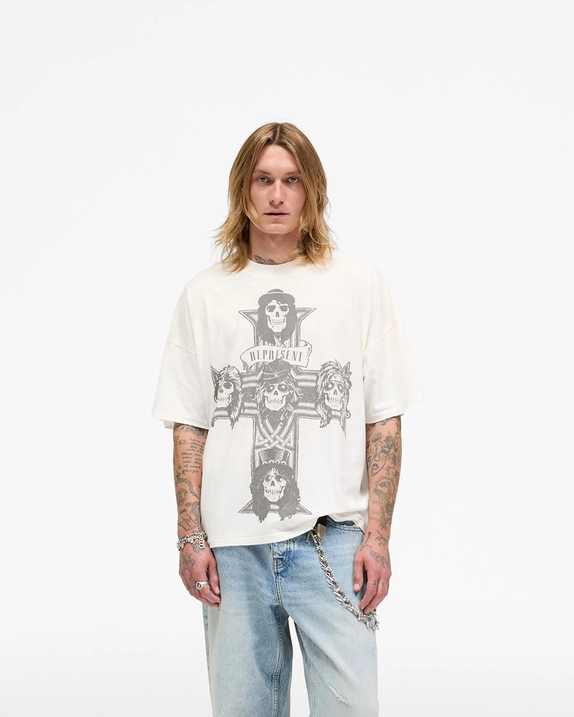Button Down Durable Wear Represent X Guns N' Roses Cross T-Shirt - Washed Ecru