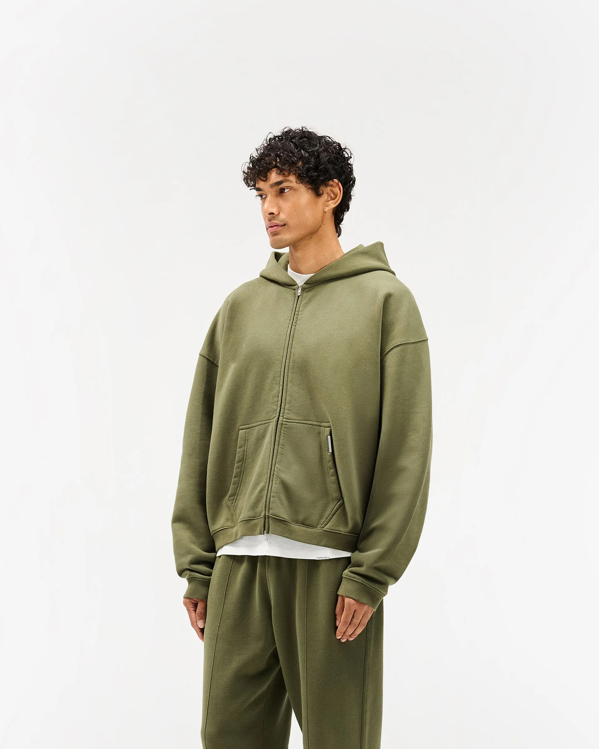 Initial Boxy Zip Through Hoodie - Army Green Timeless Relaxed