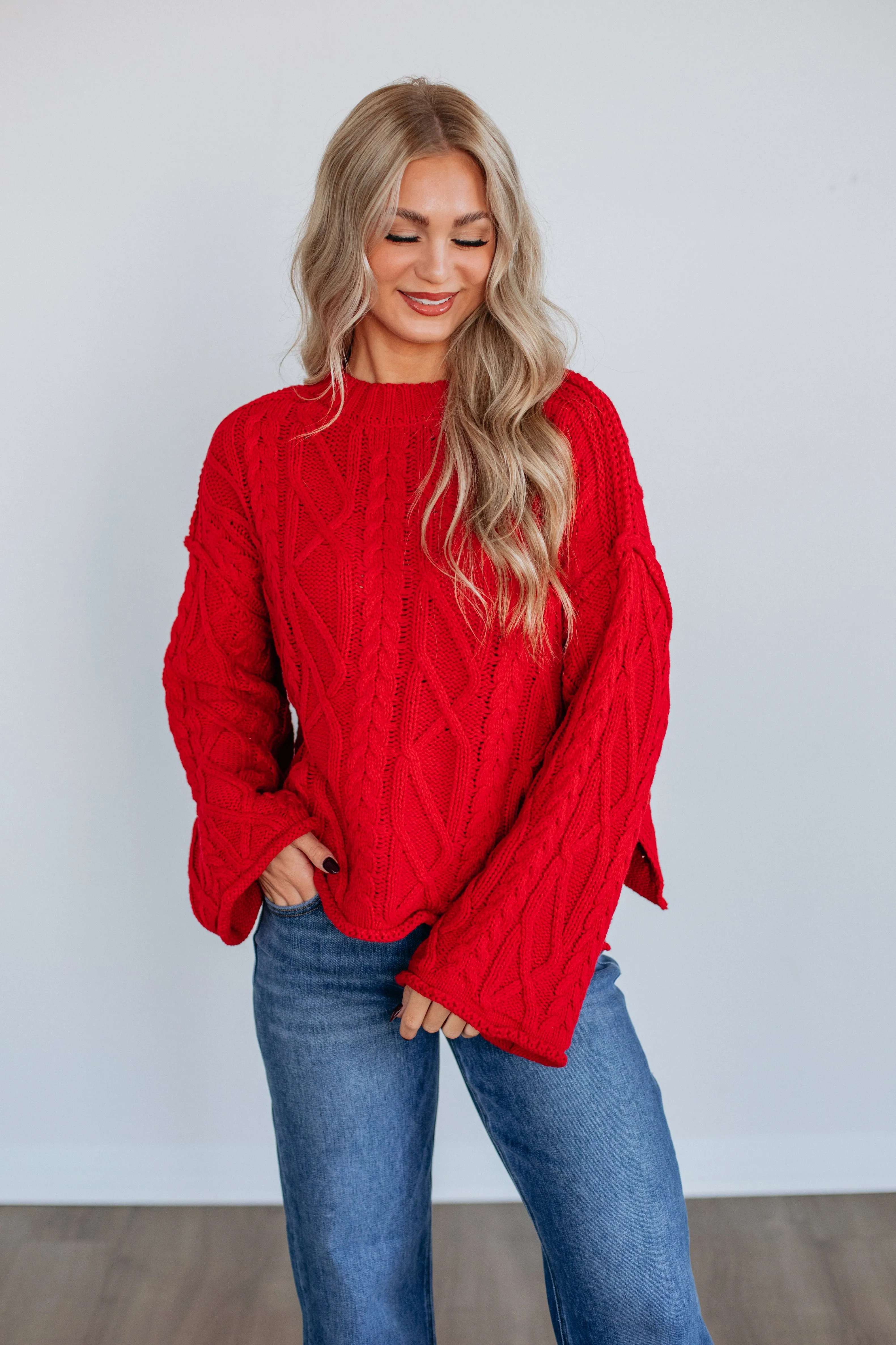 Winter Outfit Double Layered Hem Anna Cable Knit Sweater - Ruby