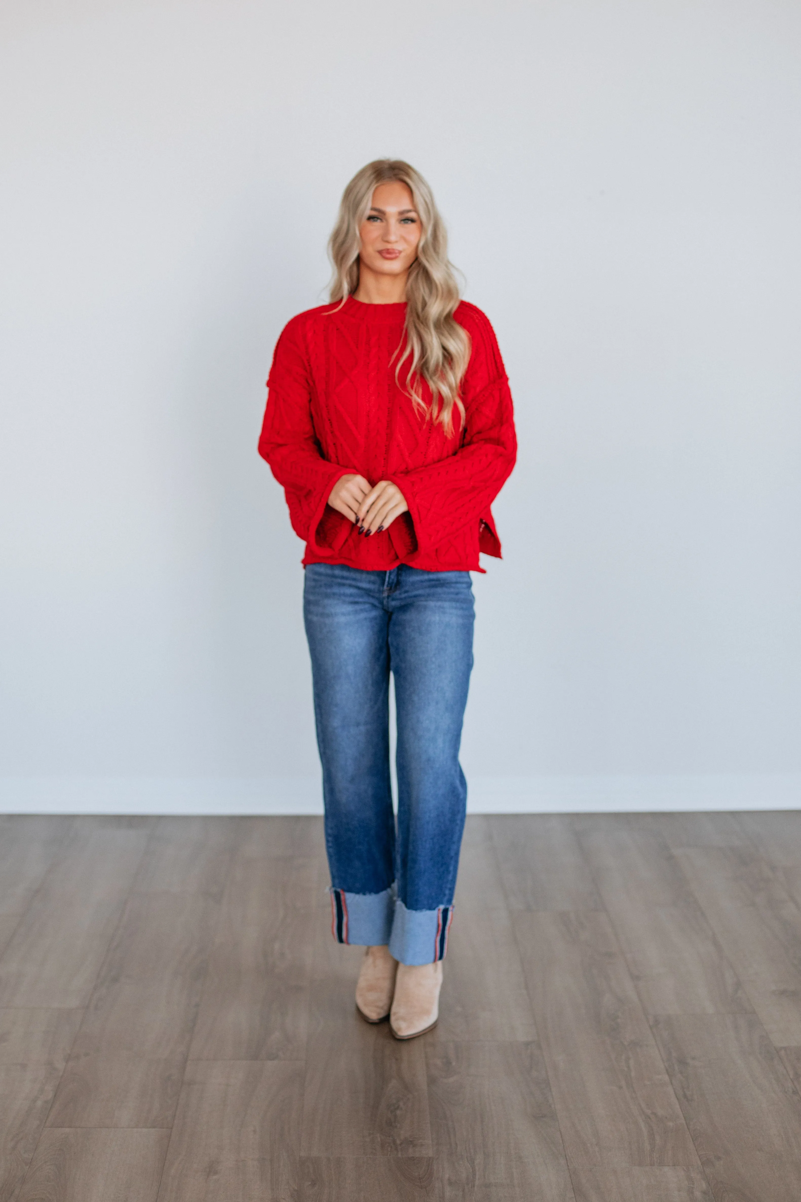 Soft Touch Brushed Surface Seasonal Comforted Anna Cable Knit Sweater - Ruby