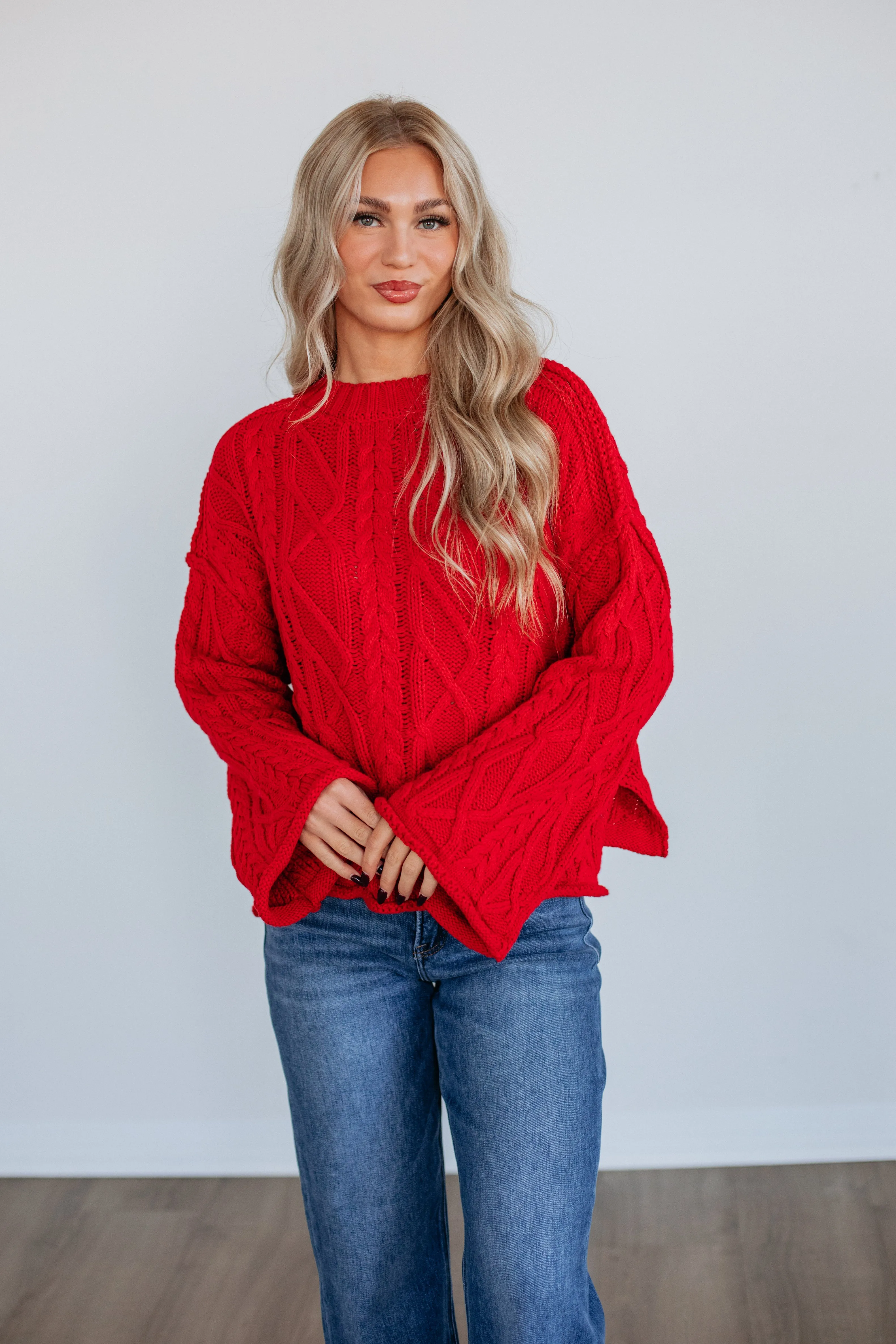 WrinkleResistant Yarn Anna Cable Knit Sweater - Ruby