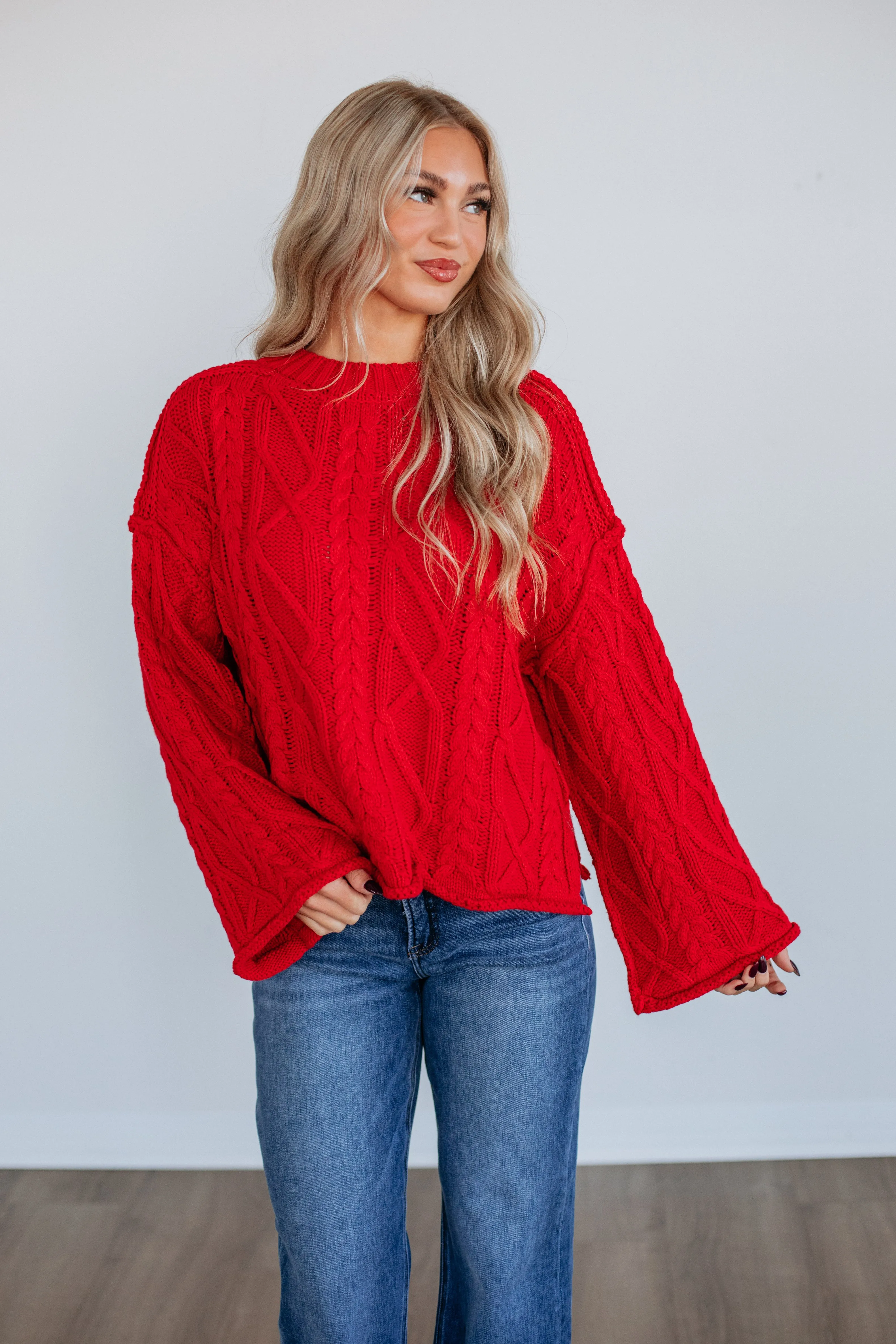 Flexible Edging Elastic hem Anna Cable Knit Sweater - Ruby