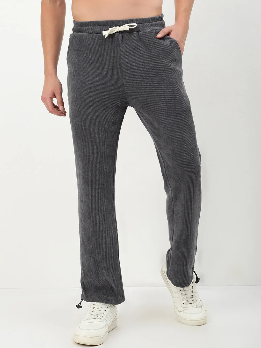Smooth Fabric Men's Dark Grey Solid Straight Fit Trousers
