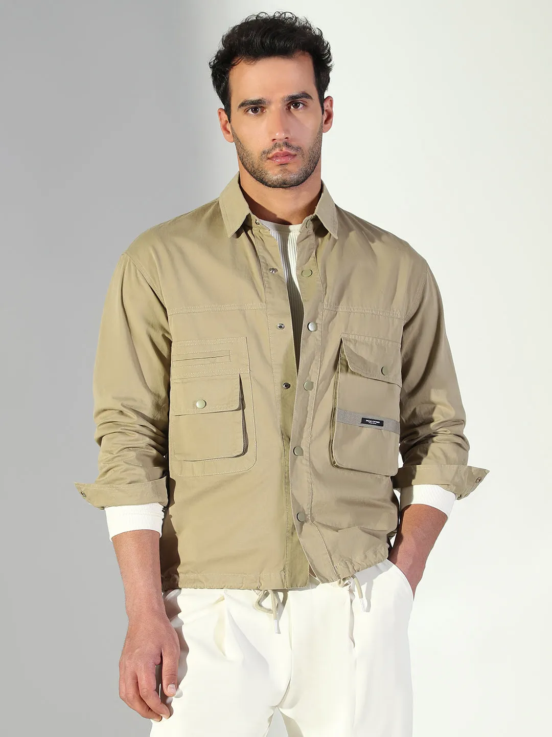 SoftenedNeckline Easy-to-Match Men's Solid Khaki Shacket