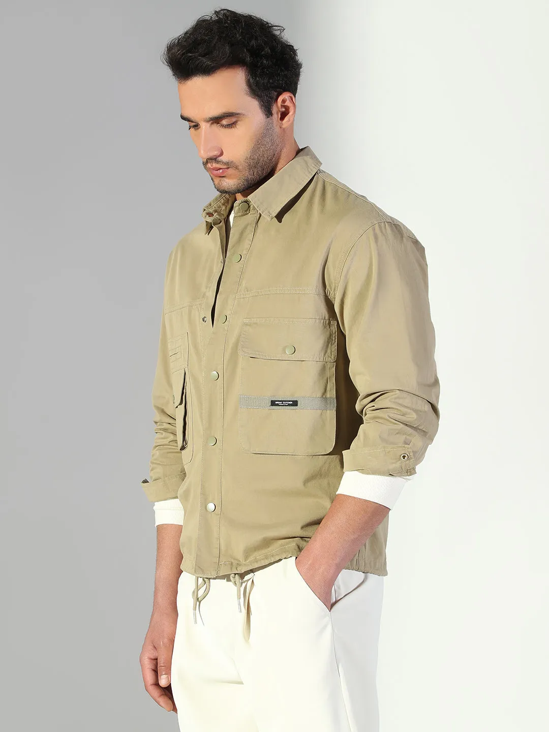 Easygoing Design Men's Solid Khaki Shacket