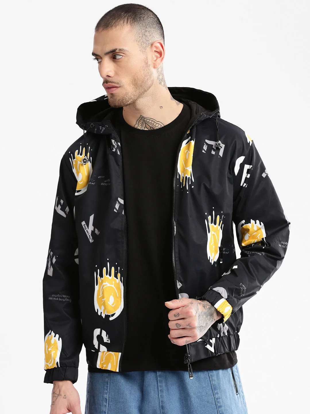 Men's Hooded Black Typography Bomber Over sized Reversible Jacket Easy Comfort Fleece Inside