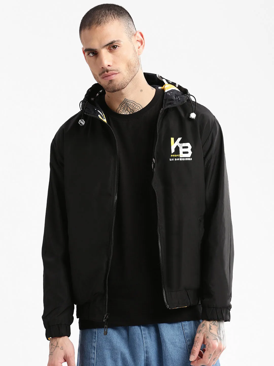 Stripe Look Wind Resistant Coating Men's Hooded Black Typography Bomber Over sized Reversible Jacket