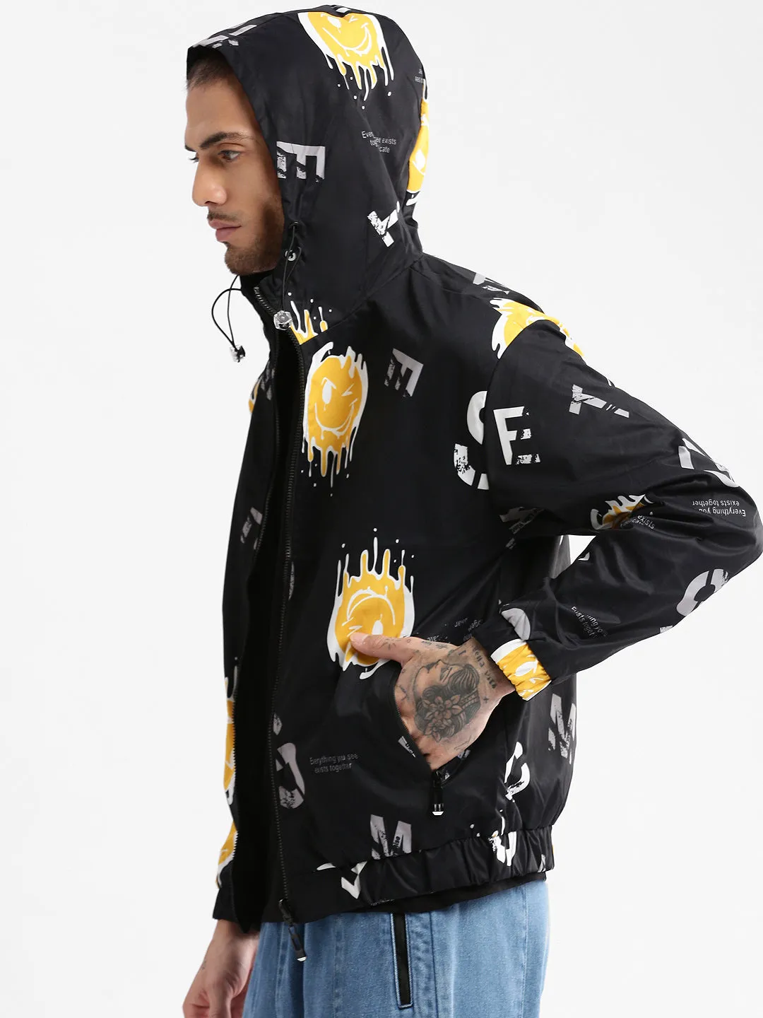 Men's Hooded Black Typography Bomber Over sized Reversible Jacket Durable Double Stitching Thermal Regulating Hoodie