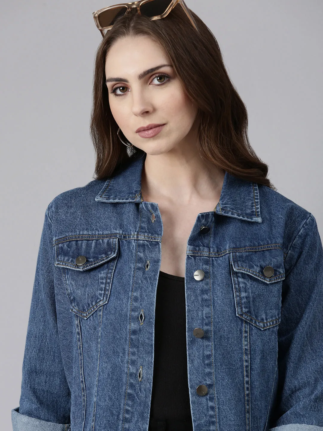 Flexible Shoulder Panels Women's Blue Spread Collar Crop Denim Jacket