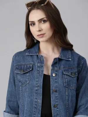 Flexible Shoulder Panels Women's Blue Spread Collar Crop Denim Jacket