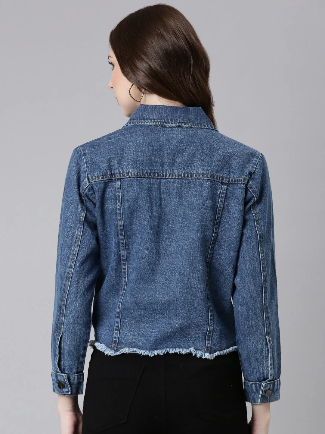 Convertible Cuff System Women's Blue Spread Collar Crop Denim Jacket