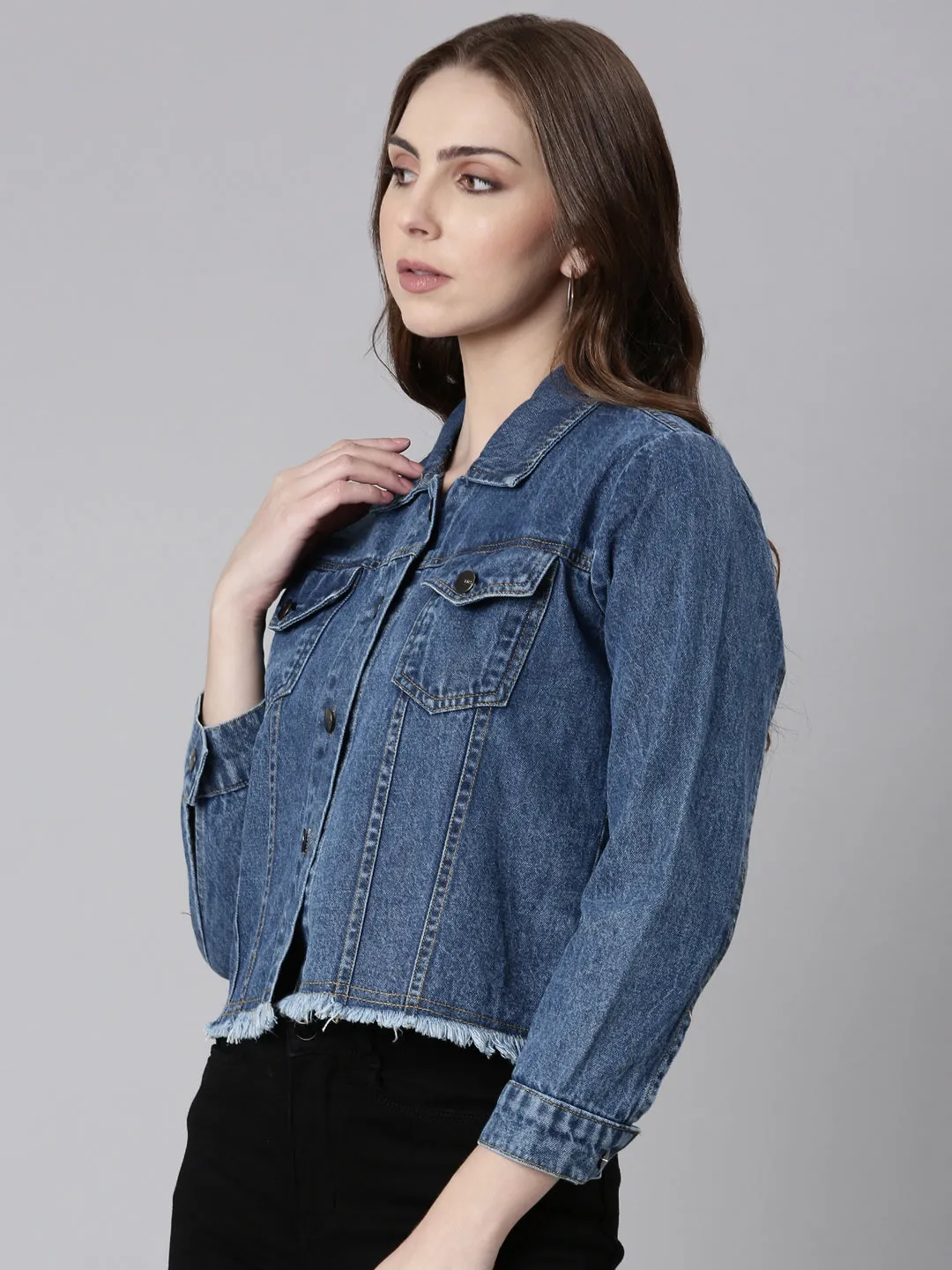 Reinforced Elbows Women's Blue Spread Collar Crop Denim Jacket