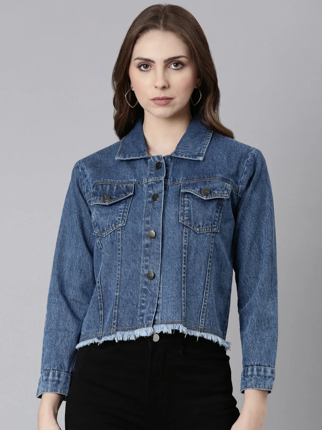Anti Static Finish Compact packaging Women's Blue Spread Collar Crop Denim Jacket